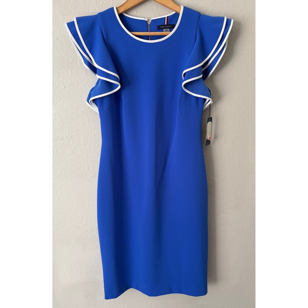 NWT Tommy Hilfiger Womens Ruffle Sleeve Sheath Dress Size 8 Royal Blue Preppy
